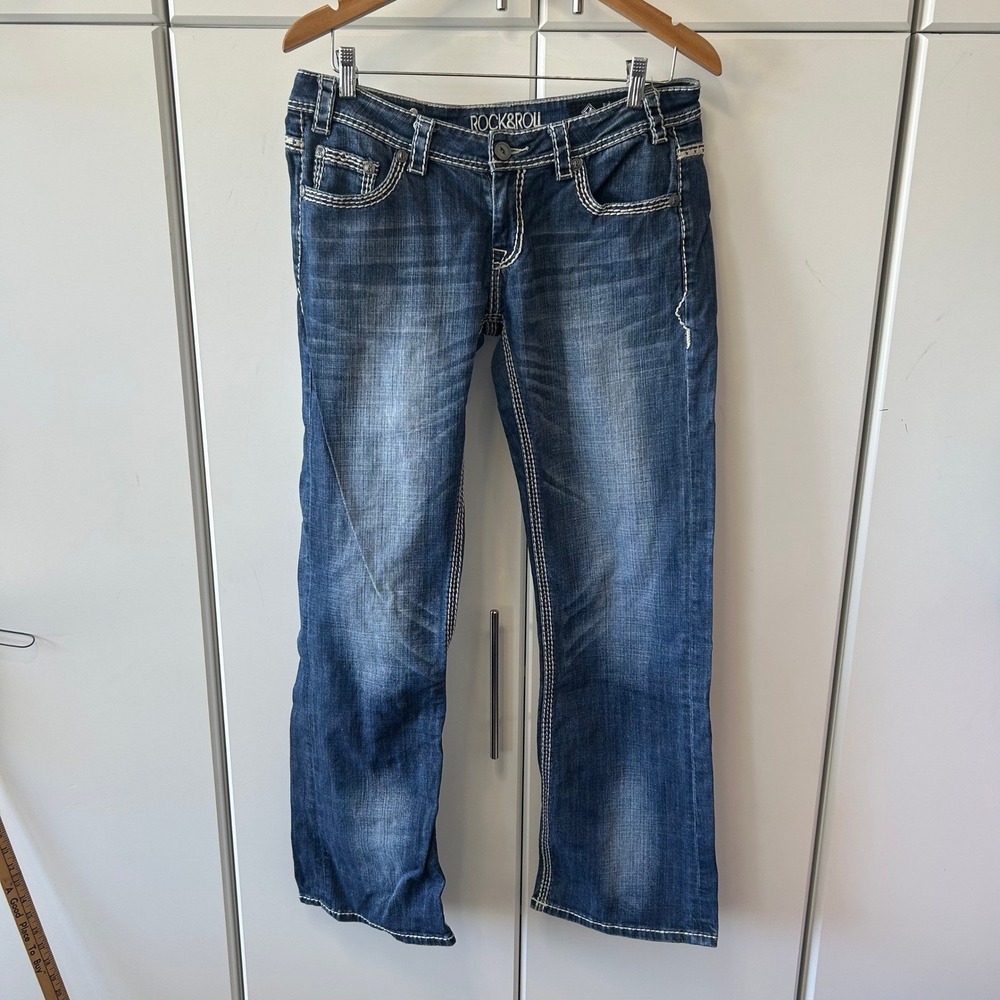 Rock & Roll Cowgirl Riding Jeans 31x34 Bootcut Dark Wash Contrast Stitch W7-9516